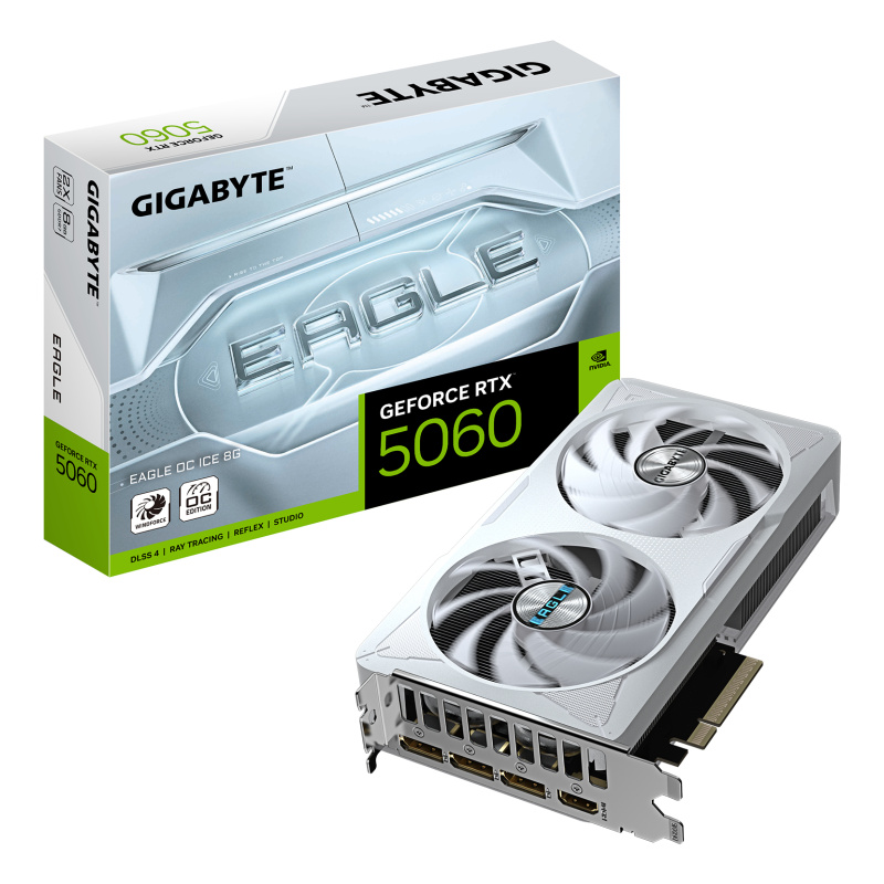 GIGABYTE GeForce RTX 5060 EAGLE OC ICE 8G Carte Graphique - 8GB GDDR7, 128bit, PCI-E 5.0, 2550 MHz Fréquence du cœur, 3 x DisplayPort, 1 x HDMI, GV-N5060EAGLEOC ICE-8GD