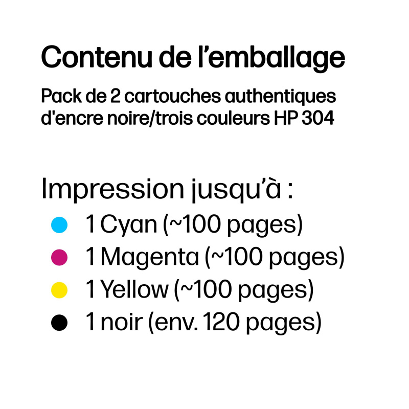 HP Pack de 2 cartouches authentiques d'encre noire/trois couleurs 304