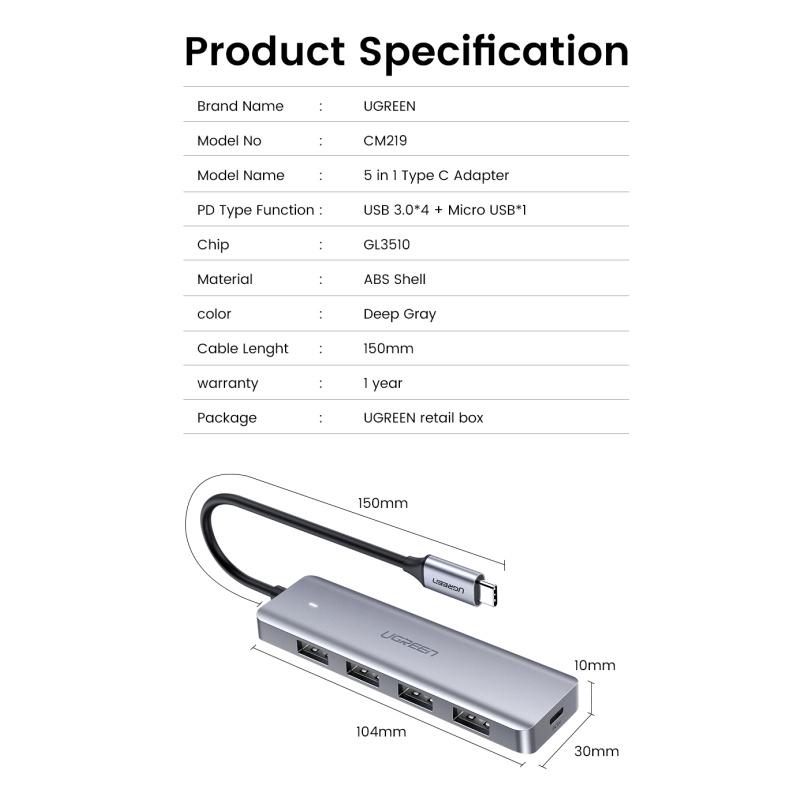 Ugreen 70336 hub & concentrateur USB 3.2 Gen 1 (3.1 Gen 1) Type-C 5000 Mbit/s