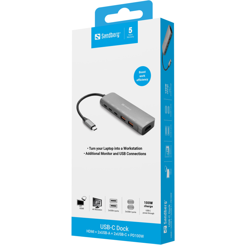 Sandberg USB-C Dock HDMI + 2xUSB-A + 2xUSB-C + PD100W Avec fil USB 3.2 Gen 1 (3.1 Gen 1) Type-C Aluminium