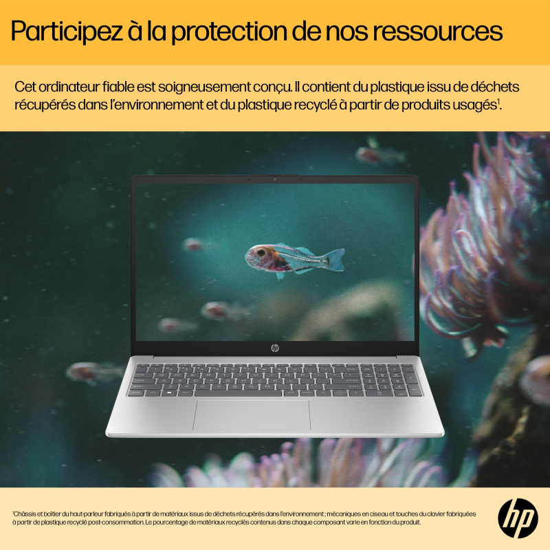 HP 15-fc0150nf AMD Ryzen™ 5 7520U Ordinateur portable 39,6 cm (15.6") Full HD 16 Go LPDDR5-SDRAM 1 To SSD Wi-Fi 6 (802.11ax) Windows 11 Home Argent