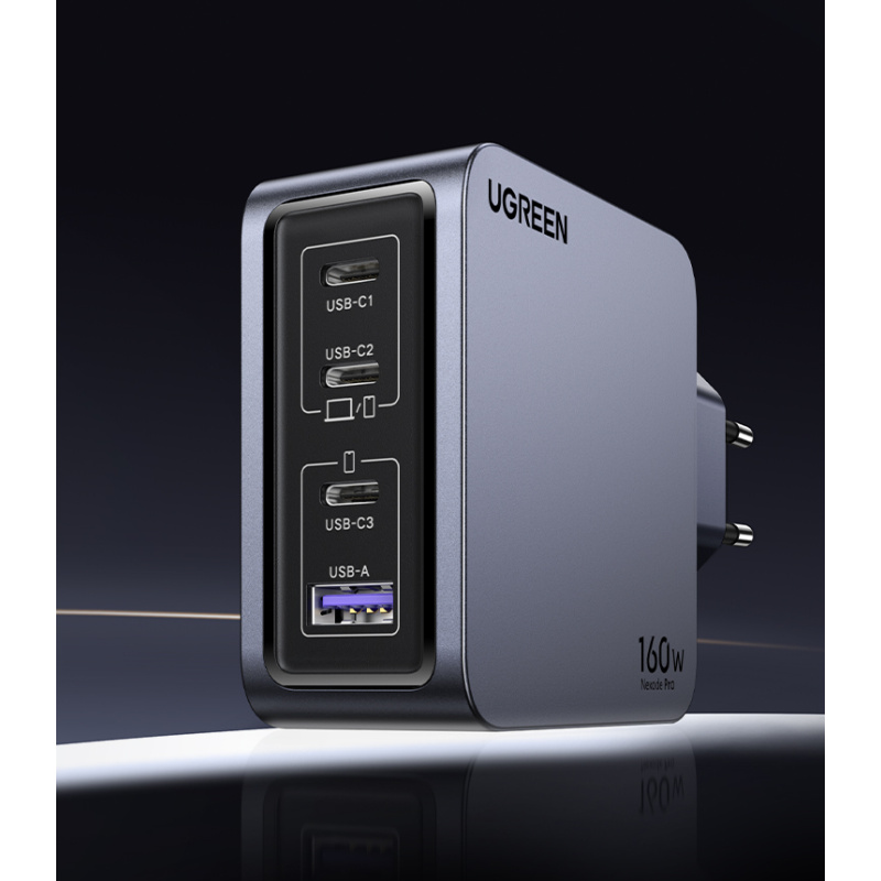 Ugreen Nexode Pro 160W GaN Charger with USB-C Cable Universel Noir, Gris Secteur Charge rapide Intérieure