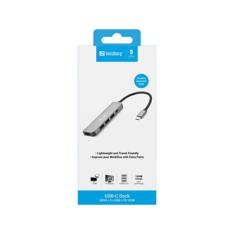 Sandberg USB-C Dock HDMI+3xUSB+PD 100W