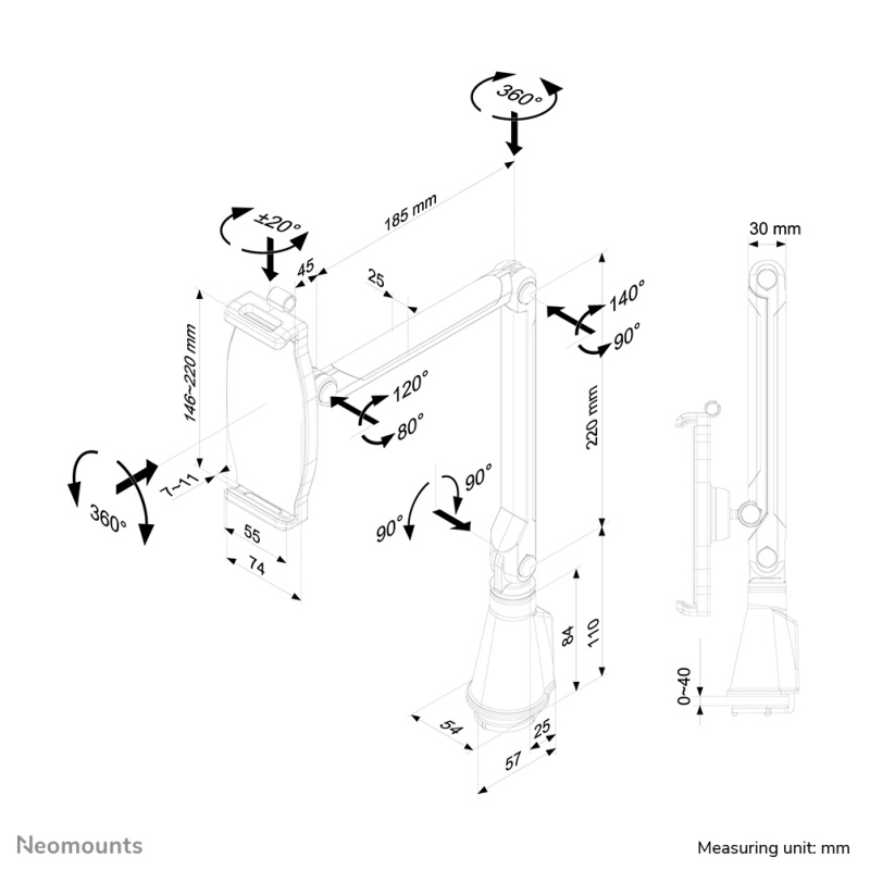 Neomounts TABLET-D100SILVER Porte-tablette à pince pour bureau 4.7-12.9" - universel - orientable