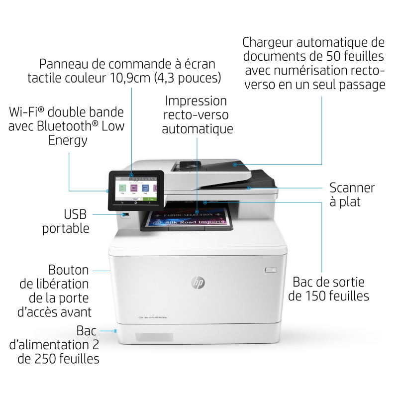 HP Color LaserJet Pro Imprimante multifonction M479dw, Couleur, Imprimante pour Impression, copie, numérisation, e-mail, Impression recto-verso; Numérisation vers e-mail/PDF; Chargeur automatique de documents de 50 feuilles