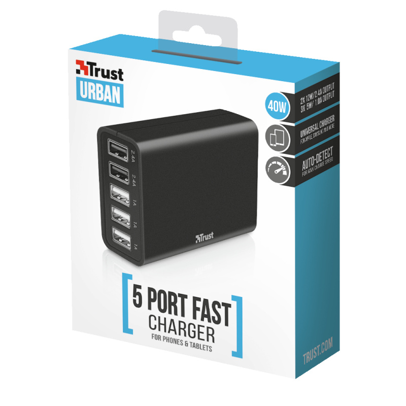 Trust 5-Port USB Fast Charger Smartphone, Tablette, Universel Noir Secteur Intérieure