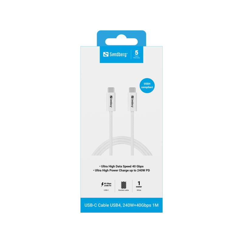 Sandberg 136-56 câble USB USB4 Gen 3x2 1 m USB C 40 Gbit/s 240 W Blanc