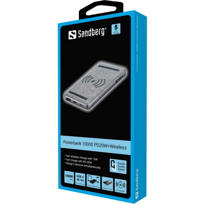 Sandberg 420-61 banque d'alimentation électrique Lithium Polymère (LiPo) 10000 mAh Recharge sans fil Noir, Gris