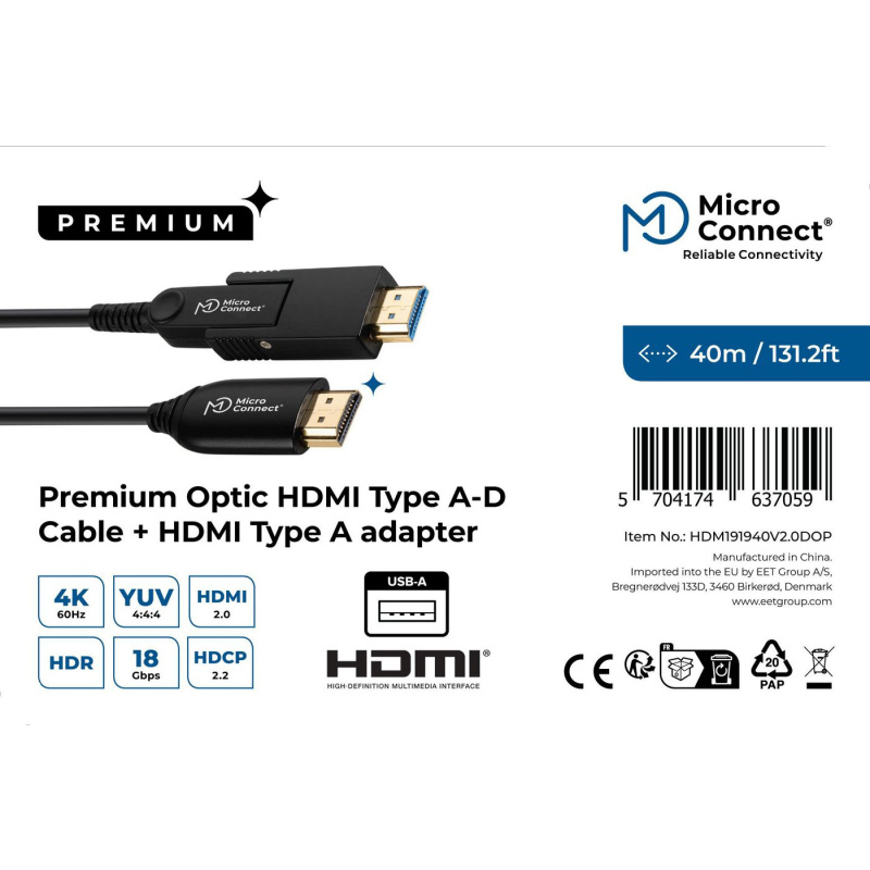 Microconnect HDM191940V2.0DOP câble HDMI 40 m HDMI Type A (Standard) HDMI Type D (Micro) Noir