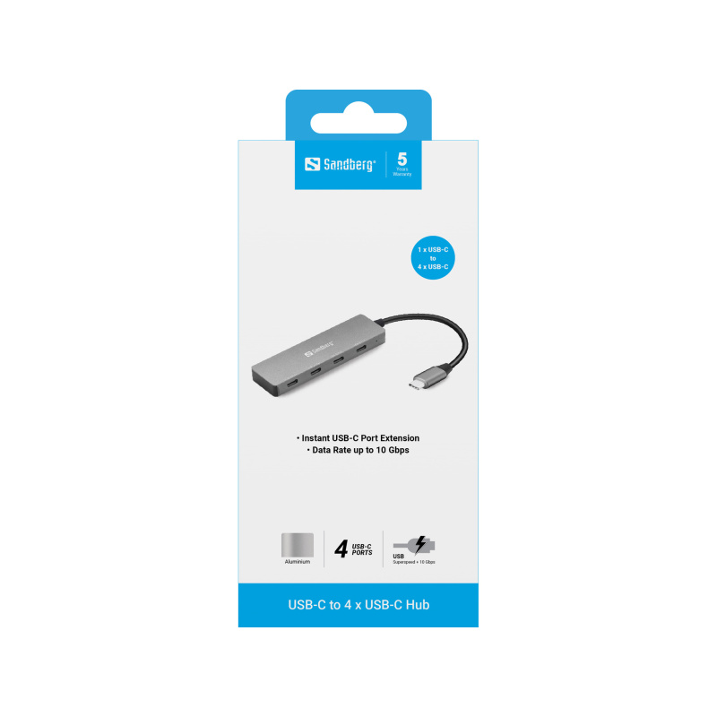Sandberg 136-41 hub & concentrateur USB 3.2 Gen 1 (3.1 Gen 1) Type-C 10000 Mbit/s Gris