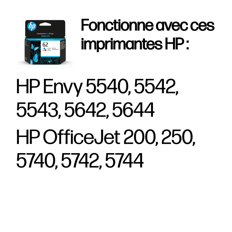 HP 62 cartouche d'encre trois couleurs authentique