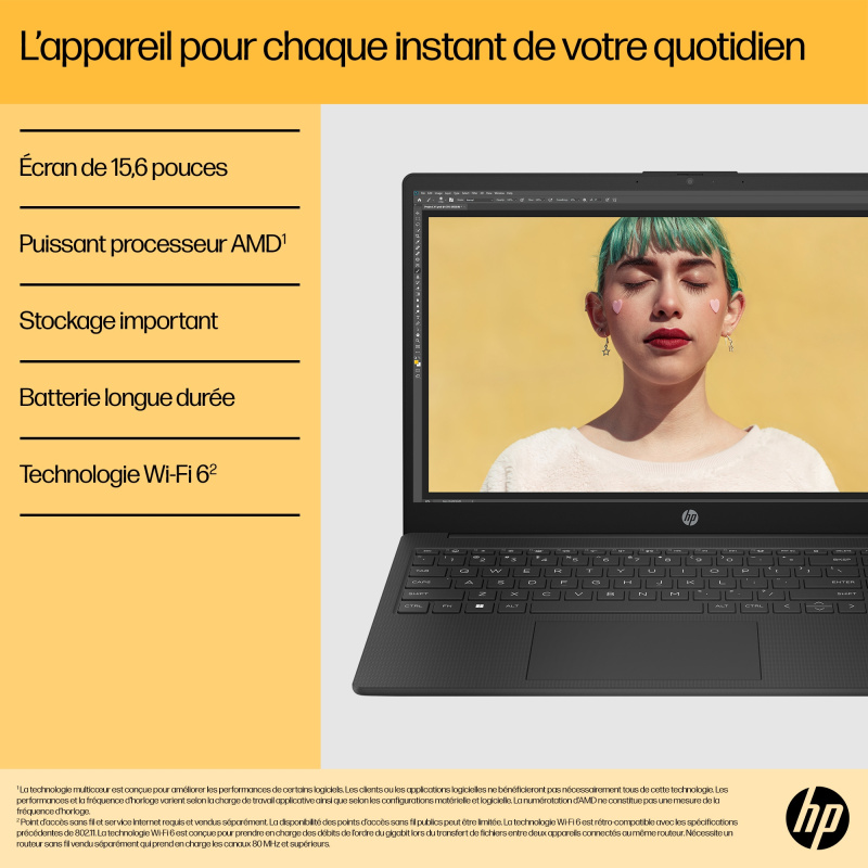 HP 15-fc0150nf AMD Ryzen™ 5 7520U Ordinateur portable 39,6 cm (15.6") Full HD 16 Go LPDDR5-SDRAM 1 To SSD Wi-Fi 6 (802.11ax) Windows 11 Home Argent