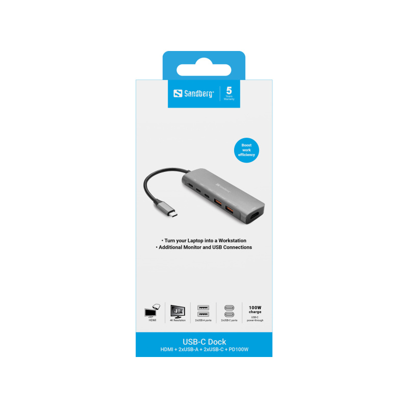 Sandberg USB-C Dock HDMI + 2xUSB-A + 2xUSB-C + PD100W Avec fil USB 3.2 Gen 1 (3.1 Gen 1) Type-C Aluminium
