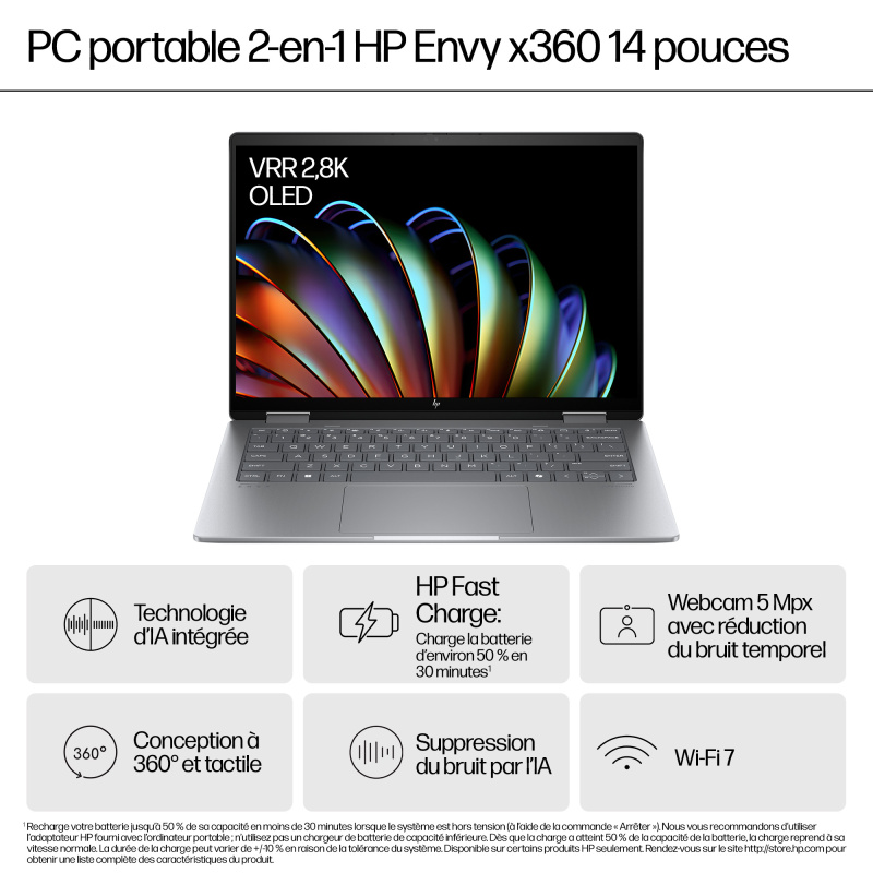 HP ENVY x360 14-fa0003nf AMD Ryzen™ 7 8840HS Hybride (2-en-1) 35,6 cm (14") Écran tactile 3K 16 Go LPDDR5-SDRAM 512 Go SSD Wi-Fi 6E (802.11ax) Windows 11 Home AI PC Argent