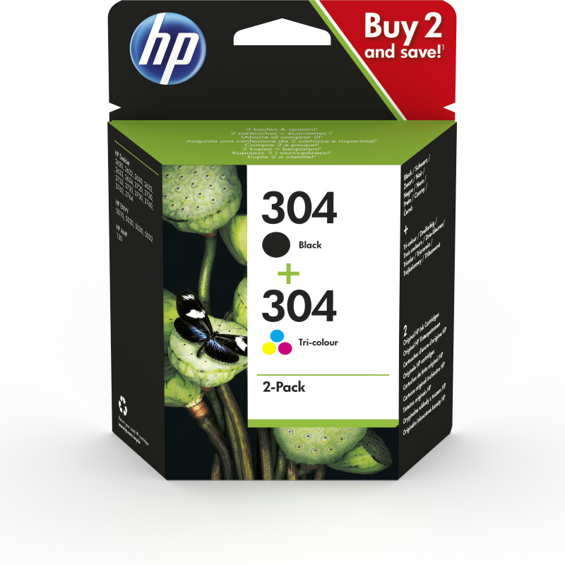 HP Pack de 2 cartouches authentiques d'encre noire/trois couleurs 304