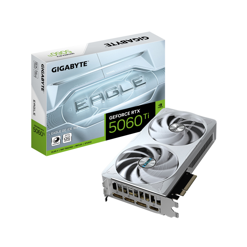 GIGABYTE GeForce RTX 5060 Ti EAGLE OC ICE 16G Carte Graphique – 16 Go GDDR7, 128 bits, PCI-E 5.0, 2617 MHz Fréquence du processeur, 3 x DisplayPort, 1 x HDMI, GV-N506TEAGLEOC ICE-16GD