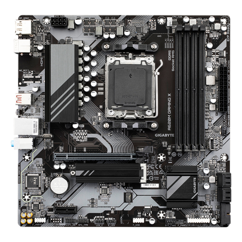 GIGABYTE A620M GAMING X Carte Mère - Prend en charge les processeurs AMD Ryzen 8000, VRM numérique 8+2+1 phases, jusqu'à 8000MHz DDR5 (OC), 1xPCIe 4.0 M.2, LAN GbE, USB 3.2 Gen 2