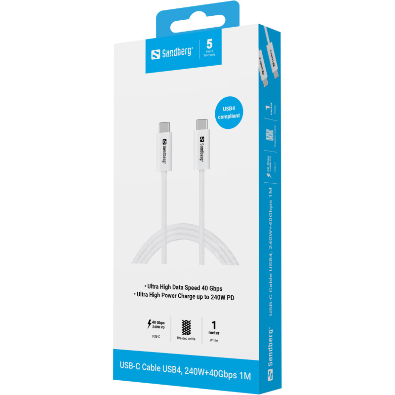 Sandberg 136-56 câble USB USB4 Gen 3x2 1 m USB C 40 Gbit/s 240 W Blanc