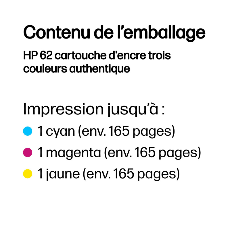 HP 62 cartouche d'encre trois couleurs authentique