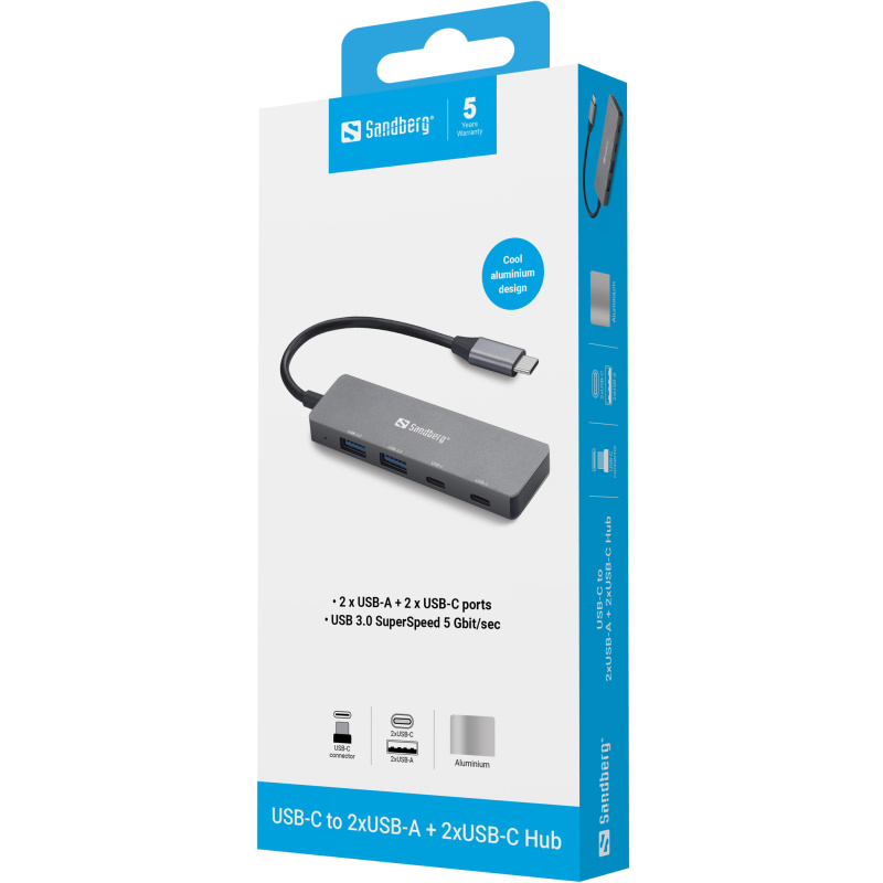 Sandberg 136-50 hub & concentrateur USB Type-C 5000 Mbit/s Gris