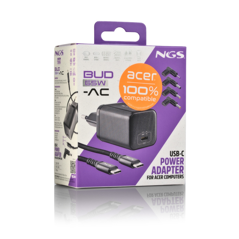 NGS BUD 65W-AC Universel Noir Secteur Charge rapide Intérieure