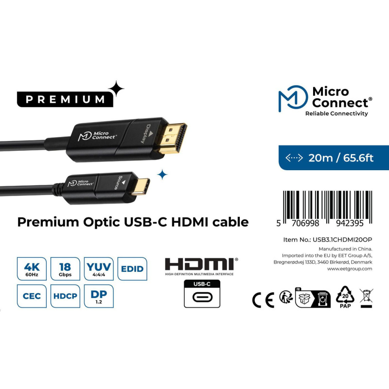 Microconnect USB3.1CHDMI20OP câble vidéo et adaptateur 20 m USB Type-C HDMI Noir