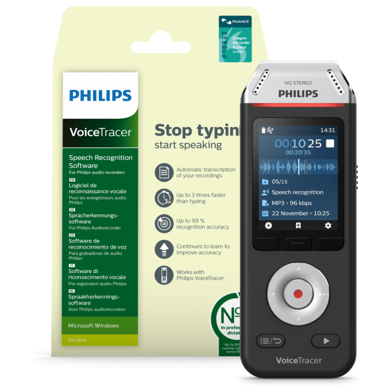 Philips Voice Tracer DVT2810/00 dictaphone Carte flash Noir, Chrome