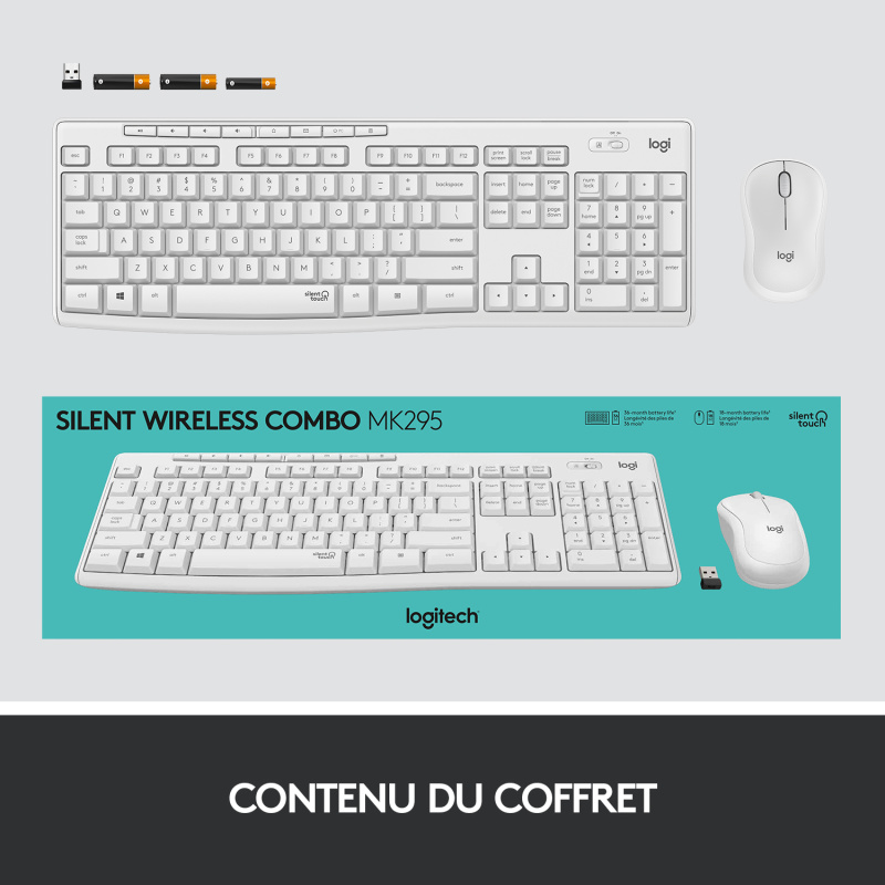 Logitech MK295 Silent Wireless Combo clavier Souris incluse RF sans fil AZERTY Français Blanc