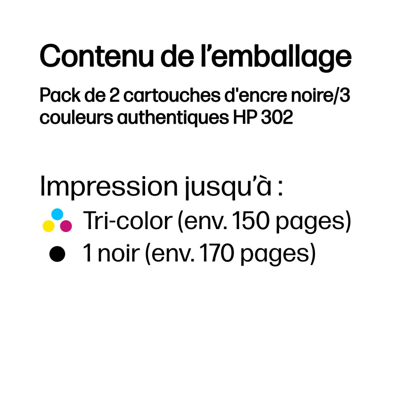 HP Pack de 2 cartouches d'encre noire/3 couleurs authentiques 302