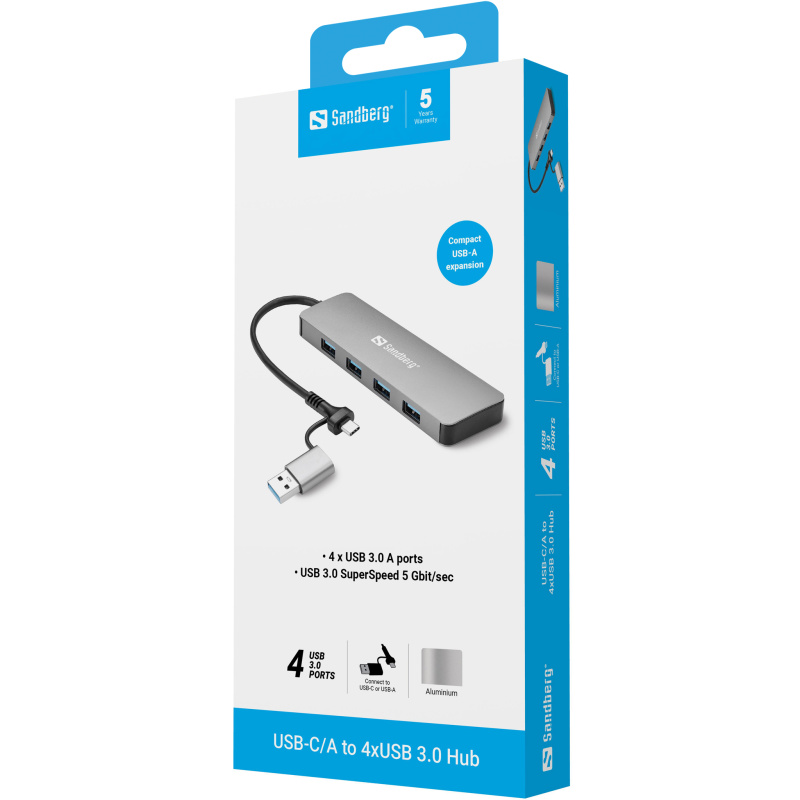 Sandberg USB-C/A to 4xUSB 3.0 Hub USB 3.2 Gen 1 (3.1 Gen 1) Type-A + Type-C 5000 Mbit/s Aluminium