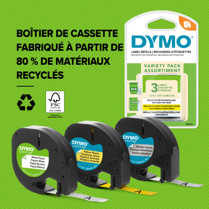DYMO LetraTag Étiquettes en Papier Authentique | 12 mm x 4 m | Noir sur Blanc | Étiquettes autocollantes pour étiqueteuse LetraTag