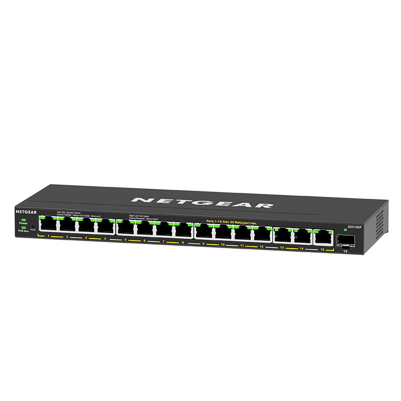 NETGEAR GS316EP-100PES commutateur réseau Géré Gigabit Ethernet (10/100/1000) Connexion Ethernet, supportant l'alimentation via ce port (PoE) Noir