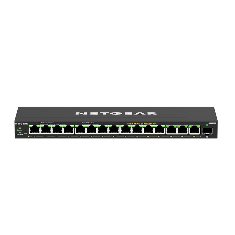 NETGEAR GS316EP-100PES commutateur réseau Géré Gigabit Ethernet (10/100/1000) Connexion Ethernet, supportant l'alimentation via ce port (PoE) Noir