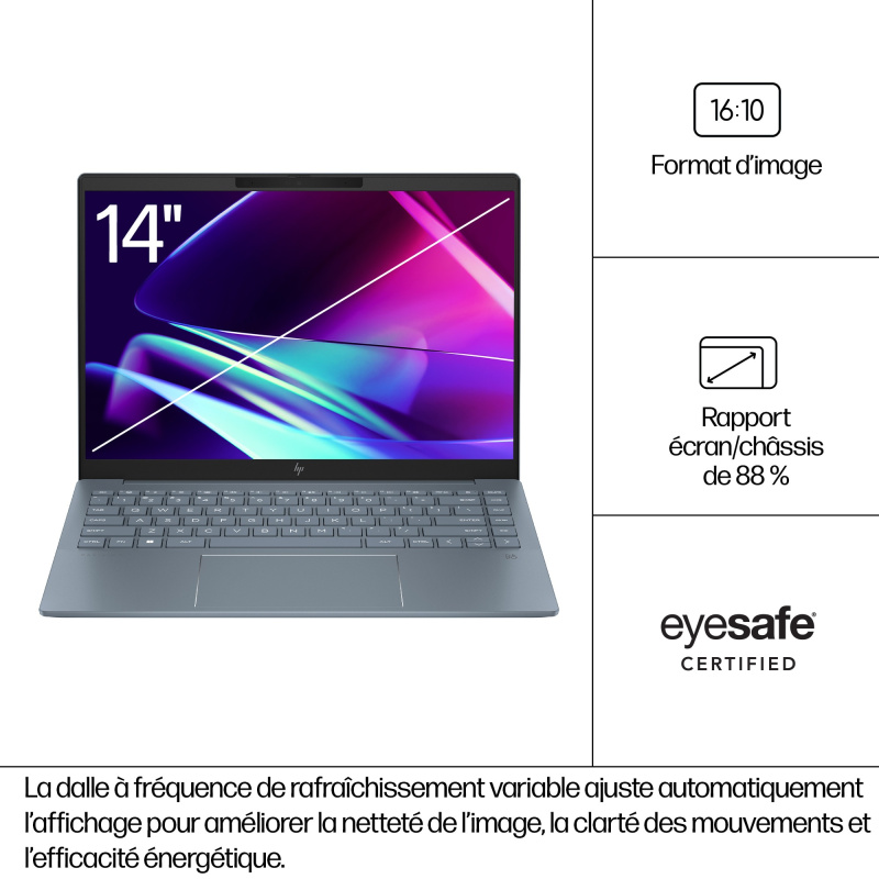 HP Pavilion Plus 14-ew1006nf Intel Core Ultra 7 155H Ordinateur portable 35,6 cm (14") 3K 32 Go LPDDR5x-SDRAM 512 Go SSD Wi-Fi 6E (802.11ax) Windows 11 Home AI PC Argent