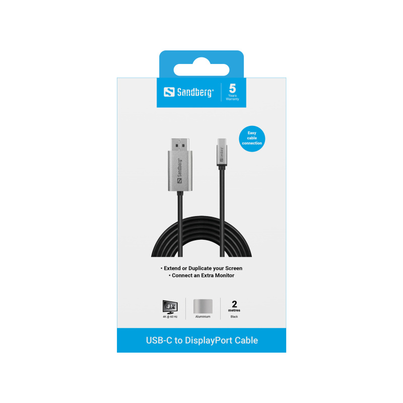 Sandberg 136-51 câble vidéo et adaptateur 2 m USB Type-C DisplayPort Noir, Gris