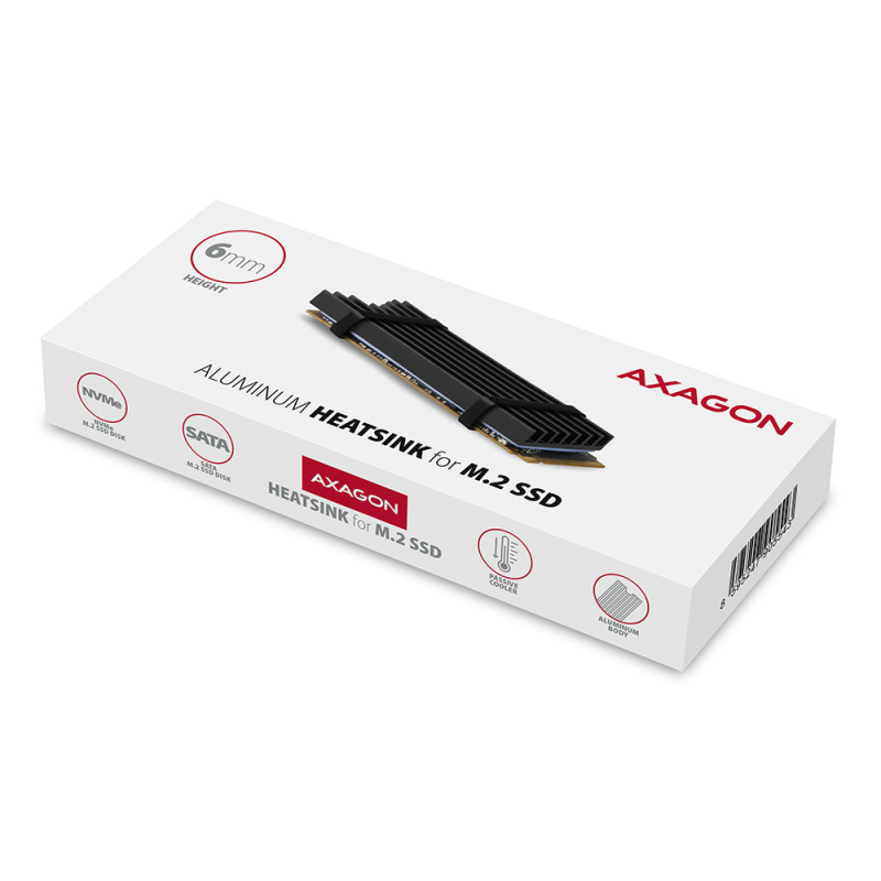Axagon CLR-M2L6 système de refroidissement d’ordinateur M.2 NVMe SSD, Disque électronique Dissipateur thermique/Radiateur Noir 1 pièce(s)