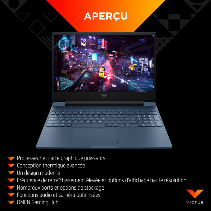 HP Victus Gaming Laptop 15-fa0026nf Intel® Core™ i5 i5-12450H Ordinateur portable 39,6 cm (15.6") Full HD 16 Go DDR4-SDRAM 512 Go SSD NVIDIA GeForce RTX 3050 Wi-Fi 6 (802.11ax) Windows 11 Home Noir