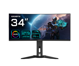 GIGABYTE Moniteur de jeu courbé OLED WQHD MO34WQC 34" - 3440 x 1440, 175Hz, 0.03ms, KVM, 250 cd/m², FreeSync Premium Pro, DisplayHDR True Black 400, HDMI 2.1, Displayport 1.4