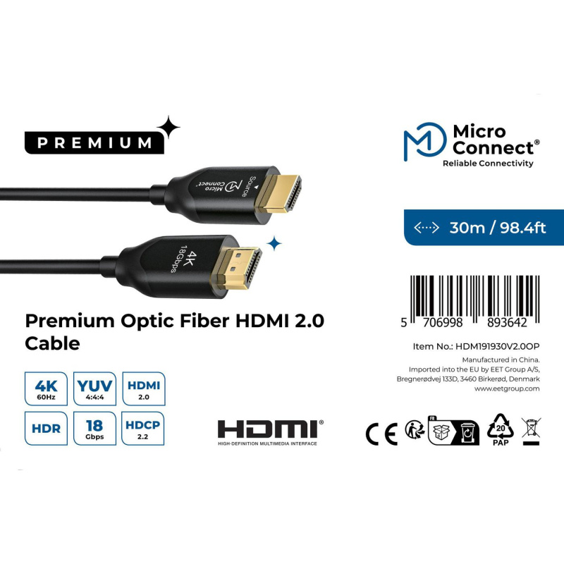 Microconnect HDM191930V2.0OP câble HDMI 30 m HDMI Type A (Standard) Noir
