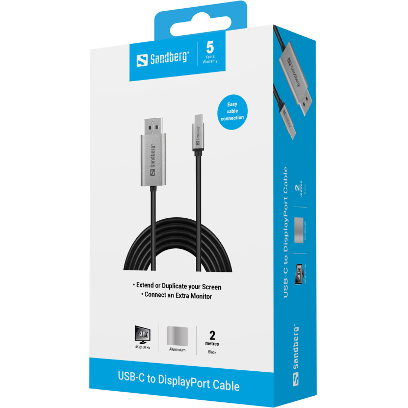 Sandberg 136-51 câble vidéo et adaptateur 2 m USB Type-C DisplayPort Noir, Gris