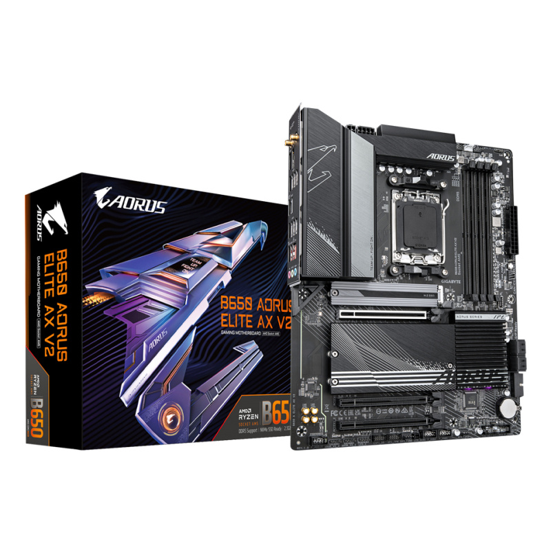 GIGABYTE B650 AORUS ELITE AX V2 Carte mère - AMD Ryzen série 9000, VRM 12+2+2 phases, jusqu'à 8000 MHz DDR5 (OC), 1xPCIe 5.0 + 2xPCIe 4.0 M.2, LAN 2,5 GbE, WIFI 6E, USB 3.2 Gen 2