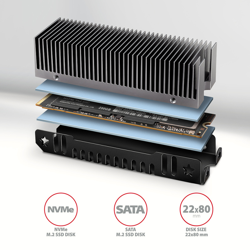 Axagon CLR-M2XT M.2 SSD Passivkühler Aluminium - 2280 M.2 NVMe SSD, Disque électronique Dissipateur thermique/Radiateur Noir, Gris 1 pièce(s)