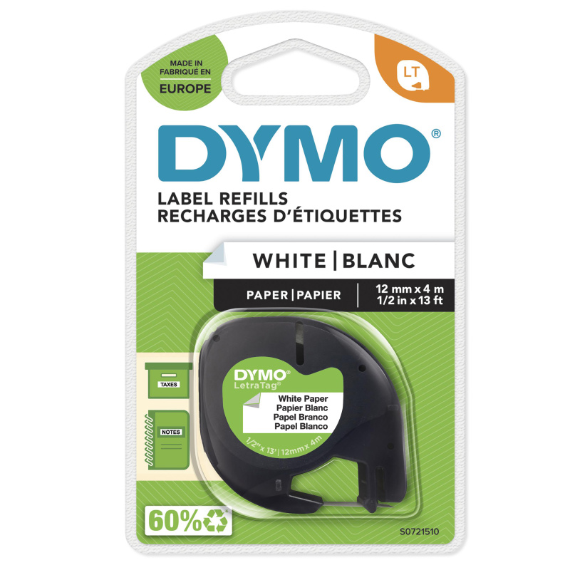 DYMO LetraTag Étiquettes en Papier Authentique | 12 mm x 4 m | Noir sur Blanc | Étiquettes autocollantes pour étiqueteuse LetraTag