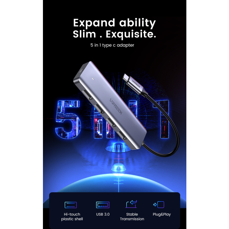 Ugreen 70336 hub & concentrateur USB 3.2 Gen 1 (3.1 Gen 1) Type-C 5000 Mbit/s