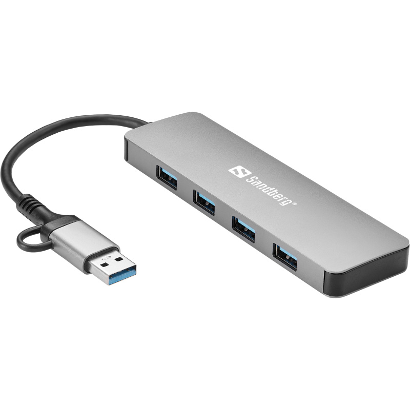 Sandberg USB-C/A to 4xUSB 3.0 Hub USB 3.2 Gen 1 (3.1 Gen 1) Type-A + Type-C 5000 Mbit/s Aluminium