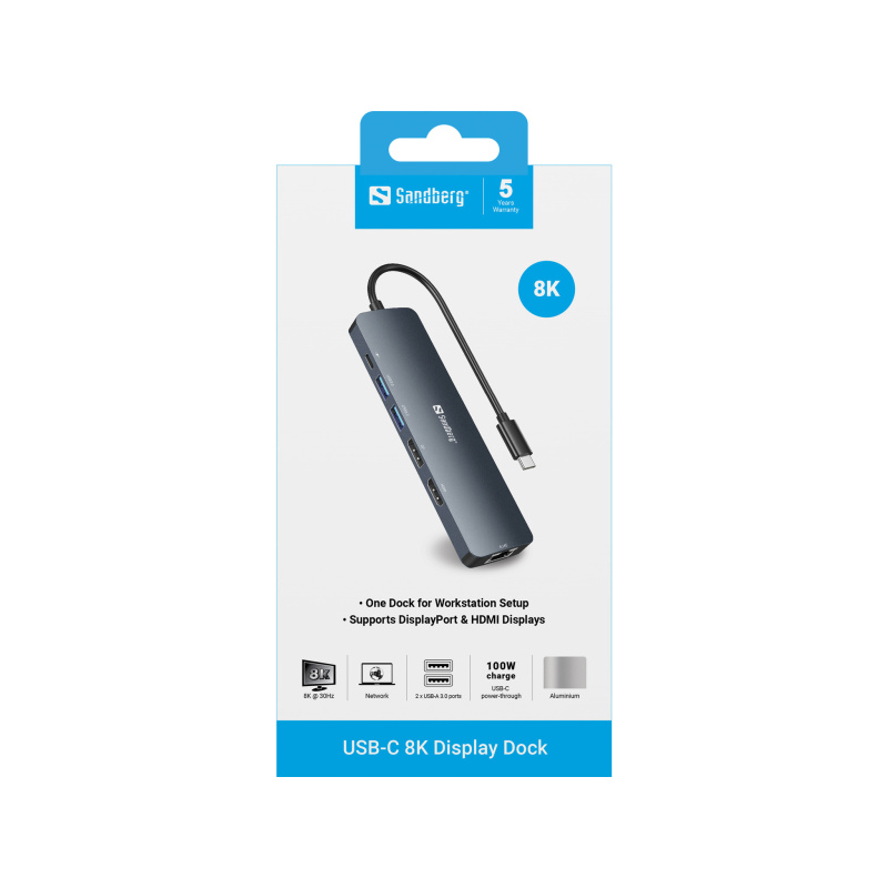Sandberg 136-43 station d'accueil USB 3.2 Gen 1 (3.1 Gen 1) Type-C Gris