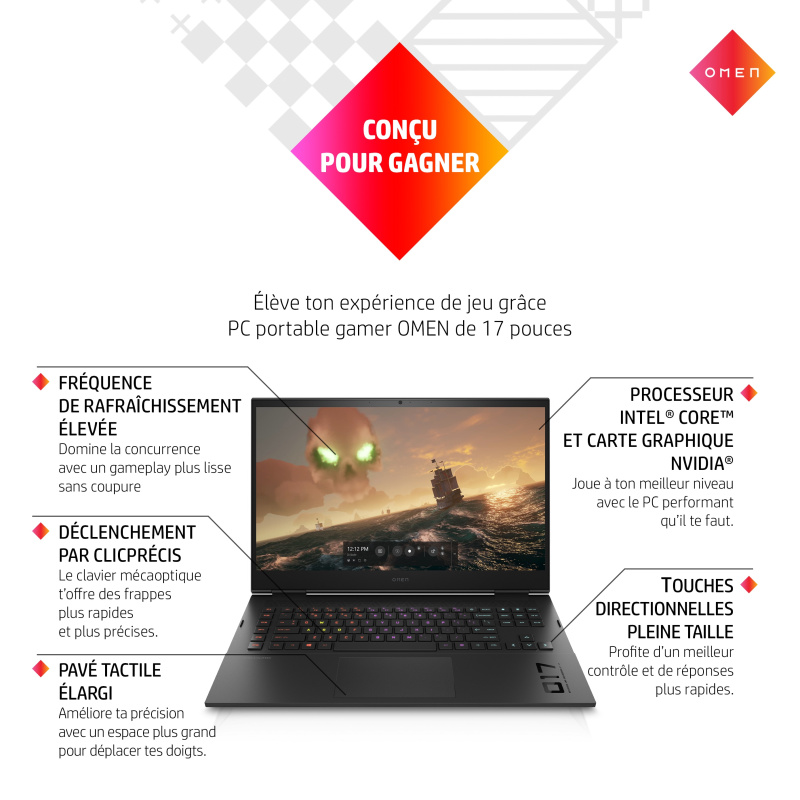 OMEN by HP 17-ck2013nf Intel® Core™ i7 i7-13700HX Ordinateur portable 43,9 cm (17.3") Quad HD 32 Go DDR5-SDRAM 1 To SSD NVIDIA GeForce RTX 4090 Wi-Fi 6E (802.11ax) Windows 11 Home Noir