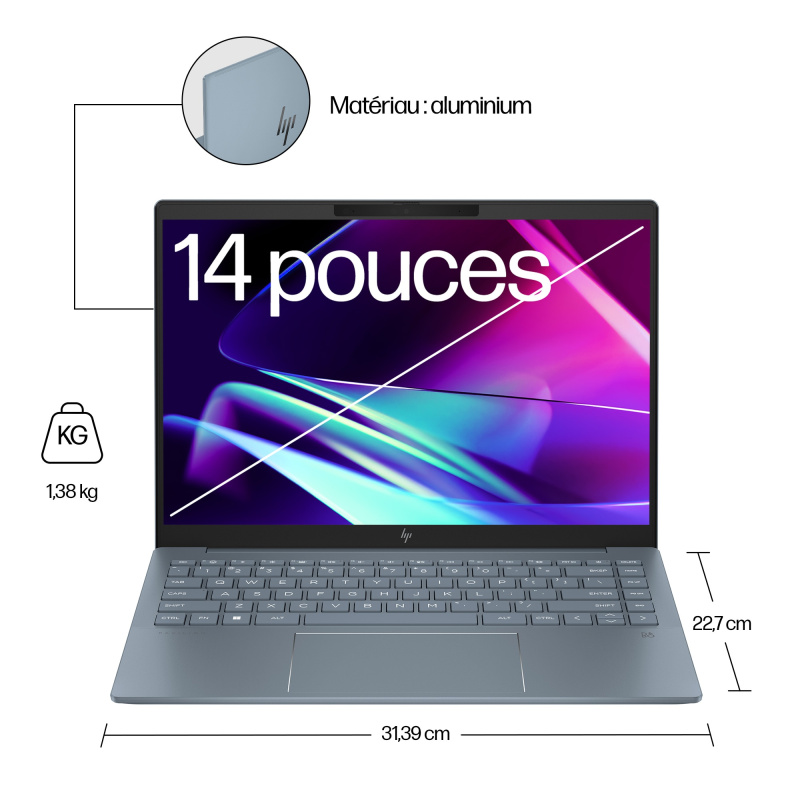 HP Pavilion Plus 14-ew1006nf Intel Core Ultra 7 155H Ordinateur portable 35,6 cm (14") 3K 32 Go LPDDR5x-SDRAM 512 Go SSD Wi-Fi 6E (802.11ax) Windows 11 Home AI PC Argent
