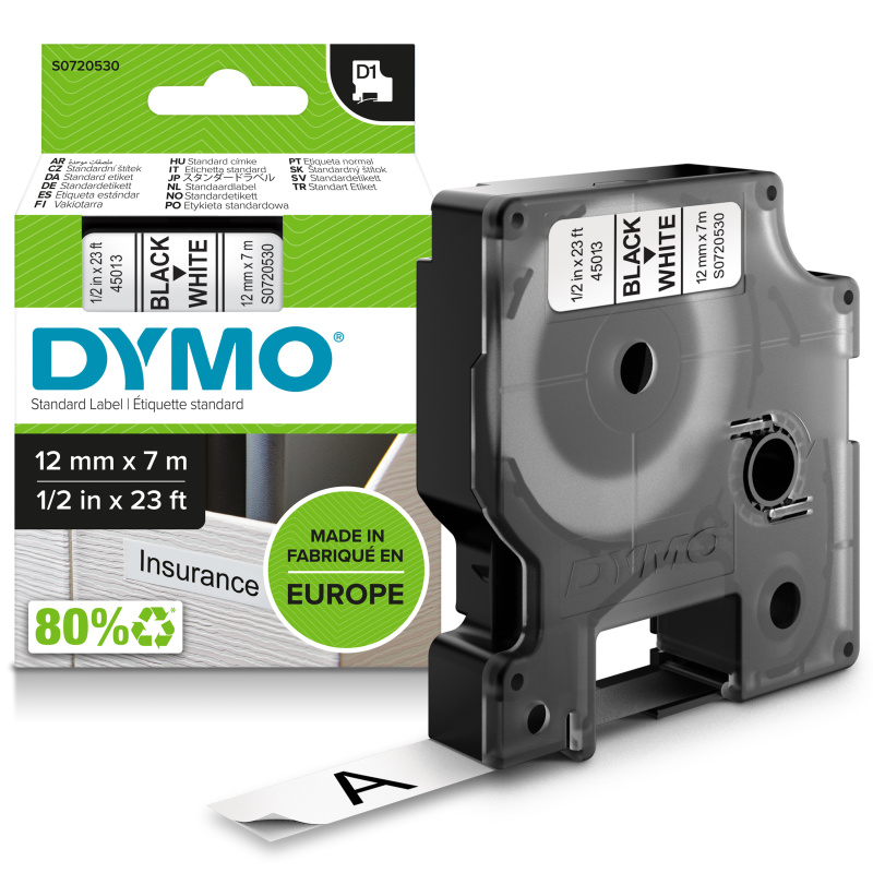 DYMO D1 étiquettes autocollantes authentiques | impression en noir sur fond blanc | 12 mm x 7 m | pour étiqueteuses LabelManager
