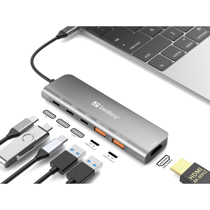 Sandberg USB-C Dock HDMI + 2xUSB-A + 2xUSB-C + PD100W Avec fil USB 3.2 Gen 1 (3.1 Gen 1) Type-C Aluminium